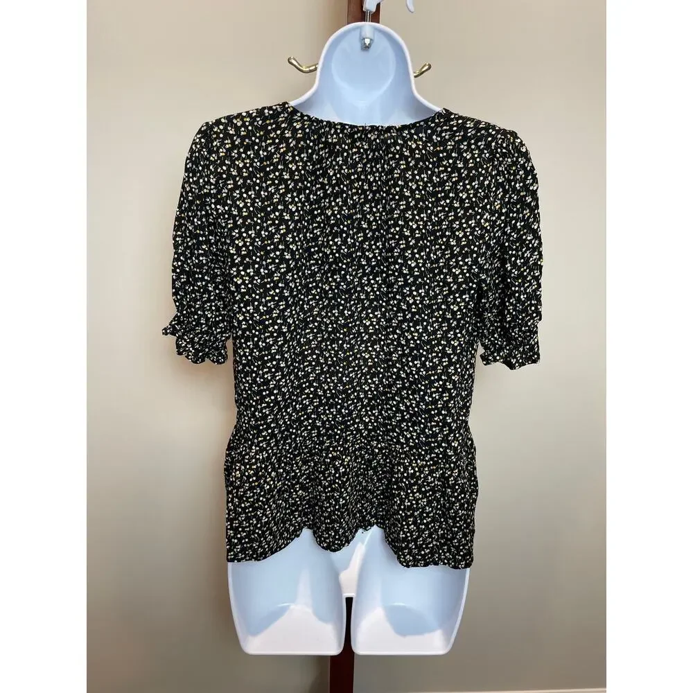 Madewell Extra Small Black Floral Blouse with V-Neck & Puff Sleeves
